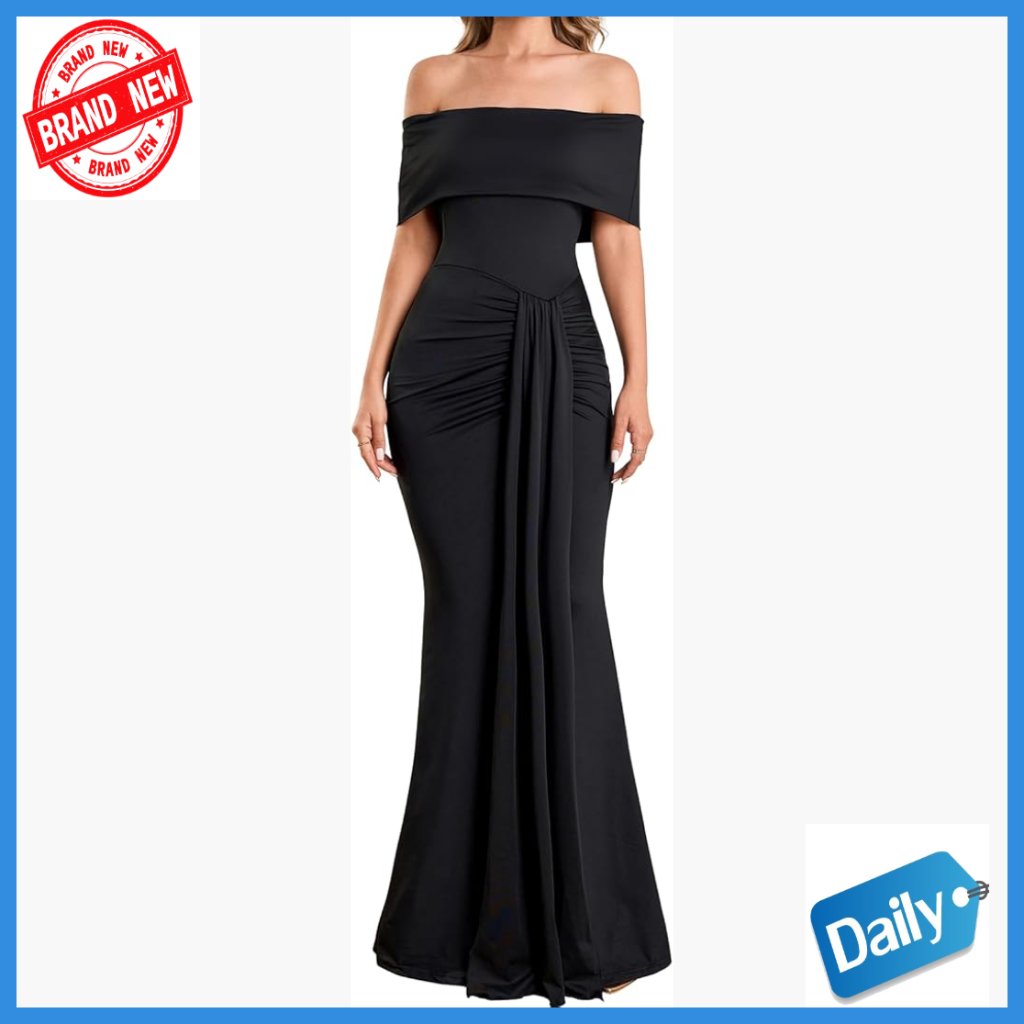 Off Shoulder Formal Maxi Dress Ruched Bodycon Wedding Guest Cocktail Party